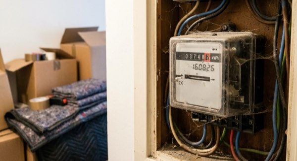 An electricity meter in a hallway cupboard, digits visible, boxes behind